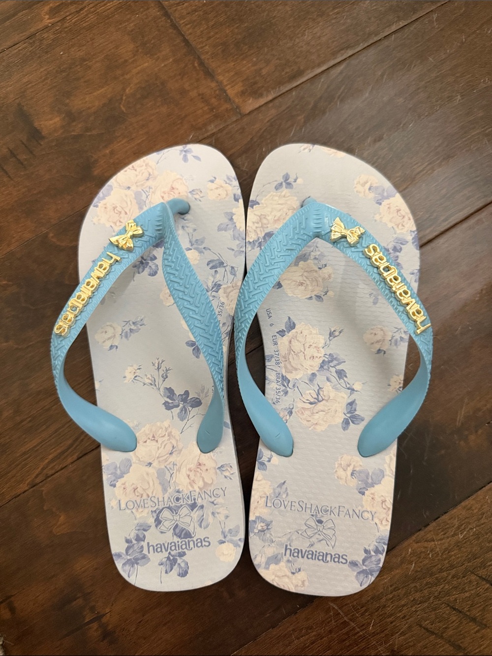 LoveShackFancy x Havaianas Light Blue Floral Flip Flops with Gold Accents